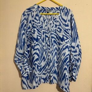 JM Collection 100% Linen Blue White Blouse Shirt Top size 18 long sleeve
